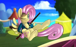 Size: 1940x1213 | Tagged: artist:january3rd, bassoon, cute, derpibooru import, fluttershy, musical instrument, ponytones outfit, safe, solo, underhoof