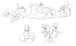Size: 1280x775 | Tagged: suggestive, artist:calorie, derpibooru import, cherry jubilee, cup cake, smooze, sugar belle, sweetie belle, trixie, twilight sparkle, pony, unicorn, butt bump, chubby, chubby jubilee, fart, fat, female, food, magic suppression, mare, marshmallow, monochrome, morbidly obese, obese, plot, sketch dump, slime inflation, sweetie belly, the great and bountiful trixie, thick cup cake, twilard sparkle