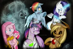 Size: 1024x694 | Tagged: semi-grimdark, artist:renniksarts, derpibooru import, applejack, fluttershy, pinkie pie, rainbow dash, rarity, twilight sparkle, twilight sparkle (alicorn), alicorn, ghost, pony, zombie, apple, axe, crying, dead of night, female, flutterghost, grin, halloween, mad scientist, magic, mane six, mare, monster mare, nightmare night, pinkamena diane pie, puppet, reanimator, running makeup, sad, scarecrow, smiling, telekinesis, twilight snapple, underhoof, ventriloquism, watermark