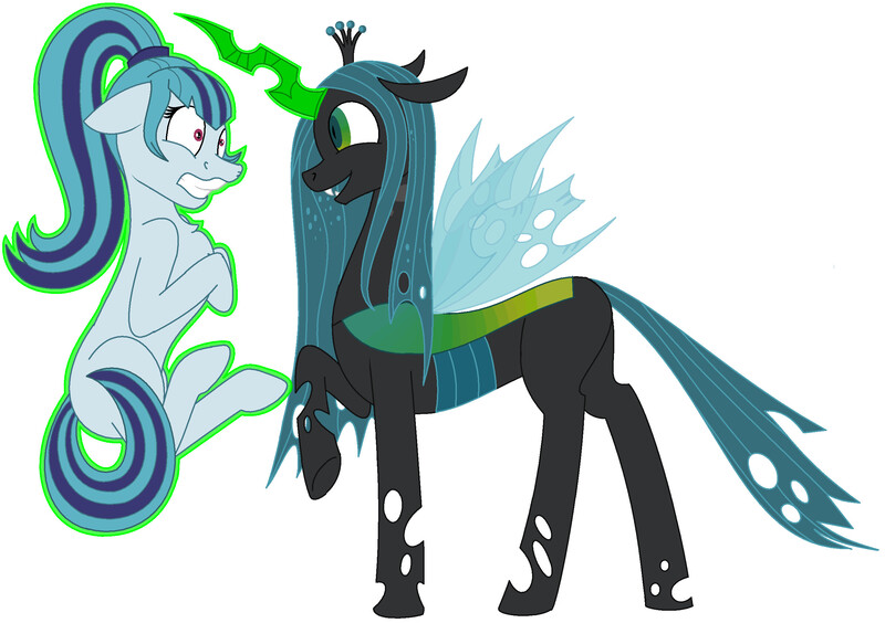 Size: 2573x1813 | Tagged: artist:datrandomcat, derpibooru import, magic, queen chrysalis, safe, sonata dusk, telekinesis