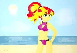 Size: 1366x948 | Tagged: suggestive, artist:a-r-i-a-1997, derpibooru import, sunset shimmer, equestria girls, alternate hairstyle, beach, bedroom eyes, belly button, bikini, breasts, clothes, female, looking at you, solo, solo female, swimsuit
