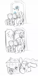 Size: 581x1172 | Tagged: safe, artist:alloyrabbit, derpibooru import, apple bloom, diamond tiara, scootaloo, sweetie belle, pony, comic, cutie mark crusaders, dialogue, giant pony, house, imminent vore, it's a trap, macro, monochrome, sketch, this will end in tears and/or death, trick or treat