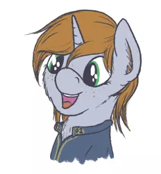 Size: 600x647 | Tagged: safe, artist:sandwichdelta, derpibooru import, oc, oc:littlepip, unofficial characters only, pony, unicorn, fallout equestria, fanfic, chest fluff, cute, ear fluff, excited, fallout, fanfic art, female, freckles, happy, horn, mare, ocbetes, open mouth, pipabetes, portrait, simple background, smiling, solo, teeth, vault suit, white background