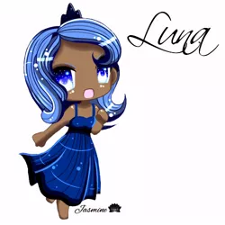 Size: 500x500 | Tagged: artist:jasmine-lotus, chibi, clothes, cute, dark skin, derpibooru import, dress, human, humanized, lunabetes, princess luna, s1 luna, safe, simple background, solo