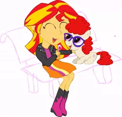 Size: 832x793 | Tagged: safe, artist:newportmuse, derpibooru import, sunset shimmer, twist, equestria girls, bench, candy, cute, filly, shimmerbetes, sitting, smiling, twistabetes