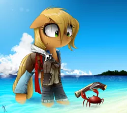 Size: 1424x1268 | Tagged: applejack, artist:supermare, assassin's creed, assassin's creed iv black flag, clothes, cloud, cosplay, costume, crab, crossover, derpibooru import, edward kenway, gun, island, ocean, pistol, safe, signature, sky, solo, ubisoft, weapon, wet, wet mane