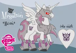 Size: 600x420 | Tagged: safe, artist:rikuta, derpibooru import, edit, ponified, alicorn, pony, alicornified, decepticon, logo, logo edit, megatron, my little pony logo, my little x, race swap, transformers, transformers prime