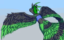Size: 540x336 | Tagged: artist:graytr, changeling, derpibooru import, female, harpy, oc, oc:bucketling, safe, sky, solo, unofficial characters only, wings
