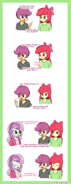 Size: 1068x2759 | Tagged: safe, artist:twilite-sparkleplz, derpibooru import, apple bloom, scootaloo, sweetie belle, equestria girls, colored pupils, comic, cute, cutie mark crusaders, dialogue, female, krab borg, lesbian, shipping, spongebob squarepants, sweetiebloom