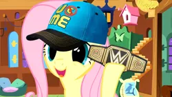 Size: 1920x1080 | Tagged: safe, derpibooru import, screencap, fluttershy, cap, championship belt, hat, john cena, solo, world champ, wwe