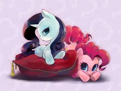 Size: 1600x1200 | Tagged: safe, artist:tsumujin, derpibooru import, pinkie pie, rarity, earth pony, pony, unicorn, cushion, cute, cutie mark eyes, duo, female, mare, pixiv, prone, squishy cheeks, wingding eyes