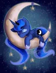 Size: 637x825 | Tagged: artist:dogi-crimson, artist:sky-railroad, crescent moon, cute, derpibooru import, eyes closed, filly, lunabetes, moon, princess luna, prone, safe, sleeping, solo, tangible heavenly object, transparent moon, watermark, woona, younger