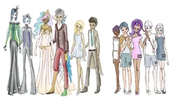 Size: 3401x1985 | Tagged: artist:yuntaoxd, changeling, clothes, dark skin, derpibooru import, derpy hooves, discord, doctor whooves, double diamond, dress, equal four, equalized, human, humanized, night glider, party favor, princess celestia, queen chrysalis, s5 starlight, safe, staff, staff of sameness, starlight glimmer, sugar belle, time turner