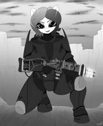 Size: 1633x2000 | Tagged: anthro, armor, artist:replica, clothes, derpibooru import, energy weapon, fallout, fallout: new vegas, fanfic, fanfic art, female, grayscale, gun, hooves, kneeling, looking at you, magical energy weapon, monochrome, multiplas rifle, oc, open mouth, outdoors, plasma rifle, power armor, safe, solo, unofficial characters only, weapon