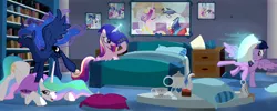 Size: 10000x4000 | Tagged: safe, artist:ponyecho, derpibooru import, princess cadance, princess celestia, princess luna, twilight sparkle, twilight sparkle (alicorn), alicorn, pony, absurd resolution, alicorn tetrarchy, bed, bedroom, cute, cutedance, cutelestia, eyes closed, face down ass up, female, grin, horn impalement, levitation, lunabetes, magic, mare, missing accessory, open mouth, pillow fight, raised hoof, show accurate, smiling, spread wings, telekinesis, throwing, true love princesses, twiabetes, twilunestiance, wink