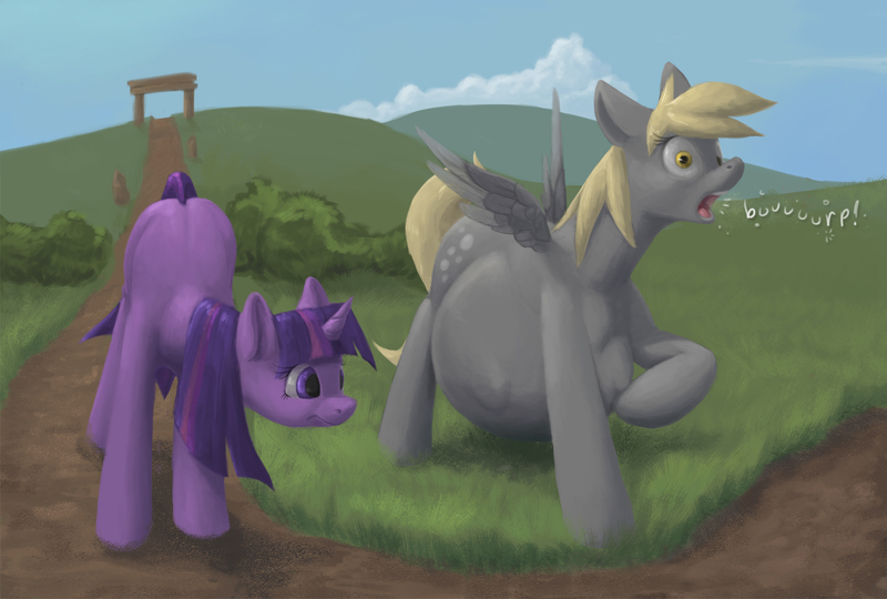 Size: 1500x1012 | Tagged: questionable, artist:difetra, derpibooru import, derpy hooves, twilight sparkle, pegasus, pony, belly, big belly, burp, derpypred, female, fetish, mare, spread wings, vore, wings