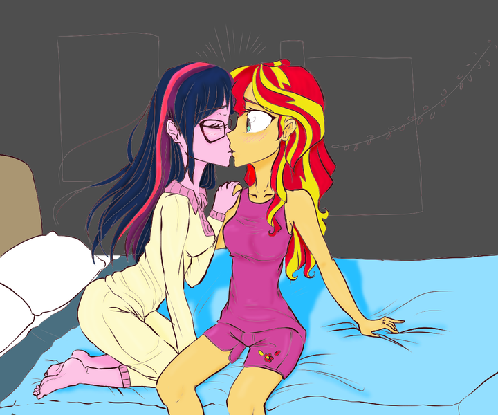 Size: 1200x1000 | Tagged: safe, artist:eduardo-rivera, artist:zorbitas, derpibooru import, sci-twi, sunset shimmer, twilight sparkle, fanfic:fractured sunlight, equestria girls, friendship games, clothes, colored, fanfic art, feet, female, kissing, lesbian, pajamas, scitwishimmer, shipping, sunsetsparkle