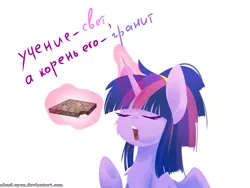 Size: 2000x1500 | Tagged: safe, artist:gnidagovnida, derpibooru import, twilight sparkle, twilight sparkle (alicorn), alicorn, pony, alternate hairstyle, cheek fluff, chest fluff, eating, eyes closed, female, food, granite, mare, open mouth, russian, teeth of steel, translated in the description