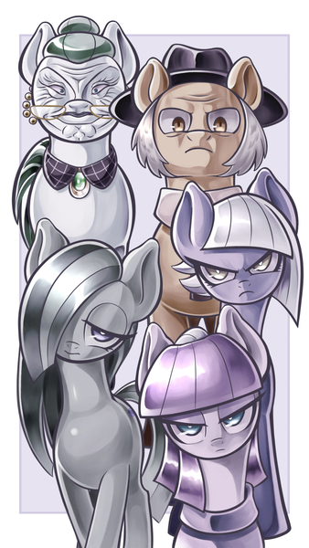 Size: 1800x3200 | Tagged: artist:kaikoinu, clothes, cloudy quartz, derpibooru import, faic, hair over one eye, hat, hearthbreakers, igneous rock pie, limestone pie, looking at you, marble pie, maud pie, pie family, pie sisters, pixiv, quartzrock, safe, siblings, sisters, unamused, wrinkles