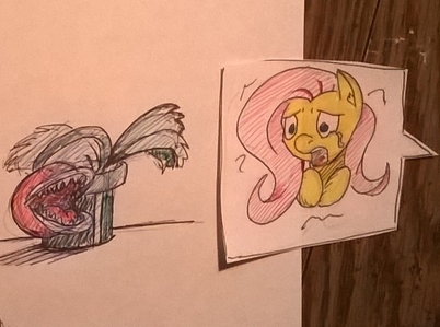 Size: 402x299 | Tagged: artist:post-it, colored sketch, crossover, derpibooru import, fluttershy, piranha plant, safe, scared, sketch, super mario bros., traditional art