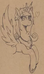 Size: 1161x1920 | Tagged: artist:wirelesspony, derpibooru import, heart, looking at you, monochrome, princess cadance, prone, safe, sketch, solo, spread wings, traditional art