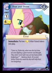 Size: 358x500 | Tagged: safe, derpibooru import, fluttershy, hedgehog, pegasus, pony, winter wrap up, animal, bell, burrow, card, cave, ccg, enterplay, female, high magic, lidded eyes, mare, mouth hold, smiling, snow, text, waking up