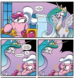 Size: 1312x1389 | Tagged: artist:jay fosgitt, cute, cutelestia, derpibooru import, idw, pinkie pie, princess celestia, safe, spoiler:comic, spoiler:comicff22, stare