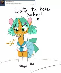 Size: 1111x1331 | Tagged: alternate hairstyle, artist:kryptchild, ask, ask glitter shell, clothes, crossdressing, cute, derpibooru import, freckles, glitter shell, horse noises, mary janes, mouth hold, neigh, nom, safe, schoolgirl, schoolgirl toast, school uniform, shoes, skirt, snail, snails, socks, solo, stockings, toast, transgender, tumblr