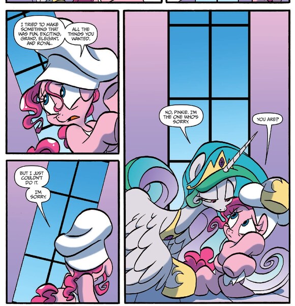 Size: 1328x1373 | Tagged: apologetic, apology, artist:jay fosgitt, cute, derpibooru import, idw, out of context, pinkie pie, princess celestia, safe, spoiler:comic, spoiler:comicff22