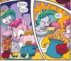 Size: 1305x1117 | Tagged: safe, artist:jay fosgitt, derpibooru import, idw, pinkie pie, princess celestia, spoiler:comic, spoiler:comicff22, baking, crown, cute, cutelestia, diapinkes, jewelry, regalia