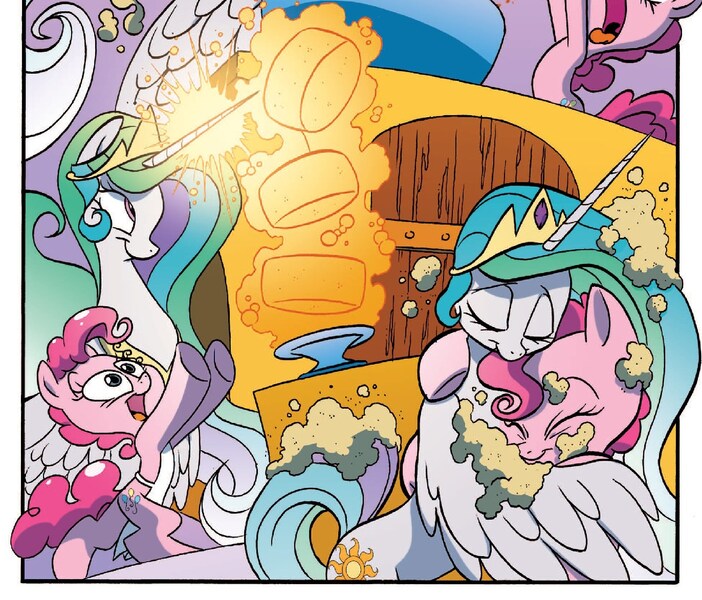 Size: 1372x1173 | Tagged: safe, artist:jay fosgitt, derpibooru import, idw, pinkie pie, princess celestia, spoiler:comic, spoiler:comicff22, hug, winghug