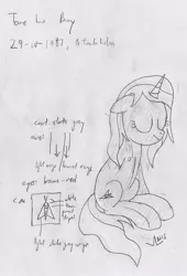 Size: 1357x1991 | Tagged: safe, artist:parclytaxel, derpibooru import, ponified, bee, pony, unicorn, cutie mark, eyes closed, monochrome, reference sheet, sketch, solo, tove lo, traditional art