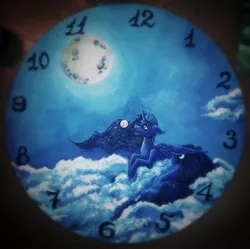 Size: 2058x2048 | Tagged: safe, artist:stirren, derpibooru import, princess luna, acrylic painting, clock, cloud, handmade, moon, night, paints, solo, traditional art