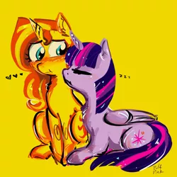 Size: 1280x1280 | Tagged: safe, artist:puffpink, derpibooru import, sunset shimmer, twilight sparkle, twilight sparkle (alicorn), alicorn, pony, unicorn, :i, blushing, female, heart, lesbian, shipping, sleeping, sunsetsparkle