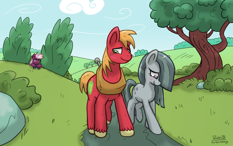 Size: 3820x2394 | Tagged: safe, artist:corsairsedge, derpibooru import, big macintosh, cheerilee, marble pie, earth pony, pony, binoculars, blushing, bush, camouflage, jealous, love triangle, male, marblemac, shipping, spying, stalker, stallion, straight, tree