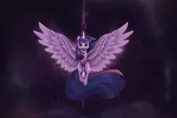 Size: 3037x2032 | Tagged: safe, artist:noctilucent-arts, derpibooru import, twilight sparkle, twilight sparkle (alicorn), alicorn, pony, female, looking at you, magic, mare, solo, space, spread wings