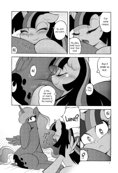 Size: 1382x2020 | Tagged: questionable, artist:aoi takayuki, derpibooru import, princess luna, twilight sparkle, twilight sparkle (alicorn), alicorn, pony, comic, doujin, explicit source, female, lesbian, mare, monochrome, pony love 2, shipping, translation, twiluna