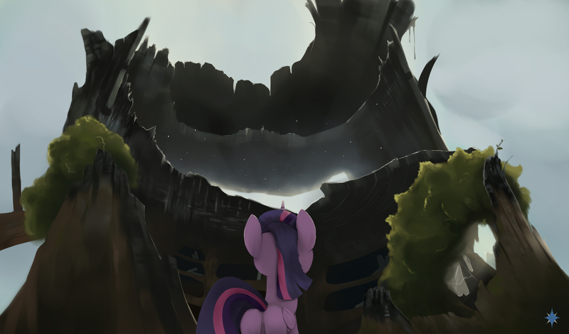 Size: 2400x1406 | Tagged: safe, artist:noctilucent-arts, derpibooru import, twilight sparkle, twilight sparkle (alicorn), alicorn, pony, female, golden oaks library, looking up, mare, plot, rear view, rest in peace, ruin, solo