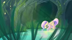 Size: 2500x1406 | Tagged: artist:seyllah, derpibooru import, fluttershy, forest, grass, pond, reflection, safe, solo, water