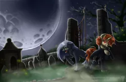 Size: 1280x837 | Tagged: artist:adalbertus, artist:gonedreamer, cemetery, derpibooru import, fangs, moon, nightmare night, oc, oc:amber drop, oc:rain dancer, safe, unofficial characters only, vampire, werewolf