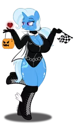 Size: 768x1280 | Tagged: alternate hairstyle, anthro, artist:skeletal-k9, bedroom eyes, belt, big breasts, boots, breasts, busty trixie, candy, cape, checkered flag, cleavage, clothes, costume, derpibooru import, earring, female, flag, glowing eyes, halloween, heart, high heel boots, high heels, huge breasts, jack-o-lantern, knee-high boots, lips, lollipop, necklace, nightmare night, nudity, piercing, pumpkin, pumpkin bucket, race queen, shadow, simple background, solo, solo female, sparkles, suggestive, transparent background, trixie, winged shoes