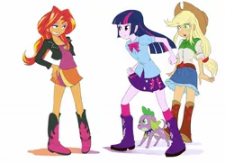 Size: 2039x1476 | Tagged: safe, artist:manmaru00, derpibooru import, applejack, spike, sunset shimmer, twilight sparkle, dog, equestria girls, :o, bedroom eyes, boots, clothes, cowboy hat, denim skirt, eyeshadow, frown, glare, grin, hat, jacket, leather jacket, lipstick, makeup, open mouth, pixiv, shoes, skirt, smirk, smug, smugset shimmer, socks, spike the dog, stetson, wide eyes