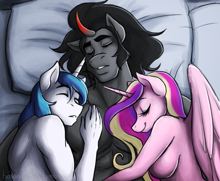 Size: 1280x1054 | Tagged: anthro, artist:hasana-chan, bed, bisexual, breasts, busty princess cadance, cadance gets all the stallions, derpibooru import, female, gay, gay in front of girls, king sombra, king sombra gets all the mares, king sombra gets all the stallions, male, nudity, polyamory, polygamy, princess cadance, shining armor, shiningsombra, shiningsomdance, shipping, sideburns, sleeping, somdance, straight, stupid sexy sombra, suggestive