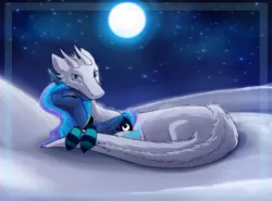 Size: 1600x1187 | Tagged: safe, artist:magnaluna, derpibooru import, princess luna, oc, oc:zefiroth, dragon, canon x oc, clothes, eyes closed, moon, night, prone, shipping, smiling, snow, snuggling, socks, striped socks