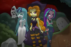 Size: 2416x1600 | Tagged: safe, artist:discorded-joker, derpibooru import, adagio dazzle, aria blaze, sonata dusk, ghost, zombie, equestria girls, alternate hairstyle, belly button, black underwear, bra, clothes, costume, cross, dress, eyes closed, female, ghost costume, halloween, halloween costume, open mouth, panties, pink underwear, see-through, sleeveless, spooky, spooky's house of jump scares, tanktop, the dazzlings, torn clothes, underwear, witch