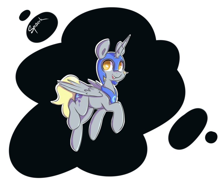 Size: 1359x1132 | Tagged: safe, artist:spaerk, derpibooru import, derpy hooves, nightmare moon, pegasus, pony, clothes, costume, fake horn, helmet, looking at you, nightmare derpy, open mouth, raised hoof, solo