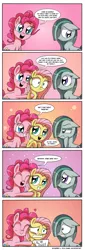 Size: 1000x2944 | Tagged: safe, artist:daniel-sg, derpibooru import, fluttershy, marble pie, pinkie pie, pony, :t, c:, call the cops, comic, female, floppy ears, frown, grin, gritted teeth, hair over one eye, hape, heart, hug, mare, mood whiplash, nervous, scared, shy, sign, smiling, twins, unamused, wide eyes