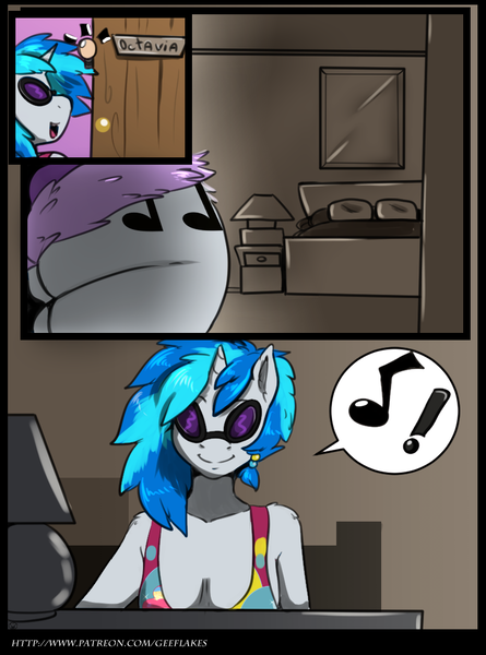 Size: 812x1094 | Tagged: suggestive, artist:arnachy, derpibooru import, vinyl scratch, anthro, unicorn, comic:underwear, ass, bed, bedroom, breasts, cleavage, comic, explicit source, female, patreon, pictogram, smiling, solo, solo female, speech bubble