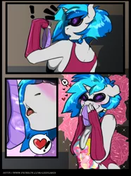 Size: 812x1094 | Tagged: suggestive, artist:arnachy, derpibooru import, pinkie pie, vinyl scratch, anthro, unicorn, comic:underwear, blushing, breasts, busty vinyl scratch, cleavage, clothes, comic, evening gloves, exclamation point, explicit source, female, gloves, heart, open mouth, panties, panty sniffing, patreon, pictogram, shirt, sideboob, smiling, sniffing, solo, solo female, underwear
