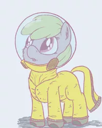 Size: 600x752 | Tagged: safe, artist:sandwichdelta, derpibooru import, oc, oc:puppysmiles, unofficial characters only, earth pony, pony, fallout equestria, fallout equestria: pink eyes, fanfic, canterlot ghoul, ear fluff, fallout, fanfic art, female, filly, fluffy, foal, hazmat suit, hooves, radiation suit, simple background, solo